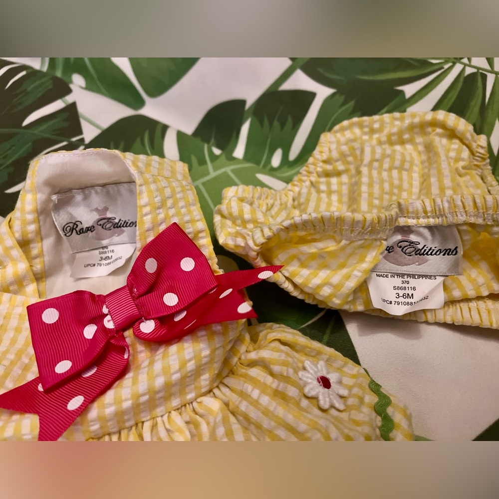 Rare Editions Yellow Gingham Baby Dress with Pink Bow 3-6 months
